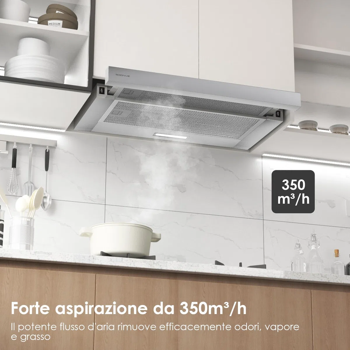 Cappa per schermo piatto, 60 cm, con filtro ai carboni attivi, flusso d'aria 370 m³/h, illuminazione a LED, cappa aspirante piatta 62 dB