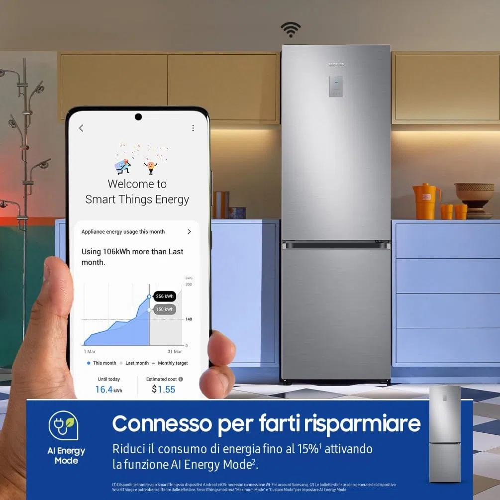 Samsung EcoFlex AI RB34C775CS9/EF Frigorifero Combinato, WiFi, SpaceMax, Total No Frost, All Around Cooling, Motore Digital Inverter Garantito 20 Anni, 344 L, LxAxP: 59,5 x 185,3 x 65,8 cm, Metal Inox