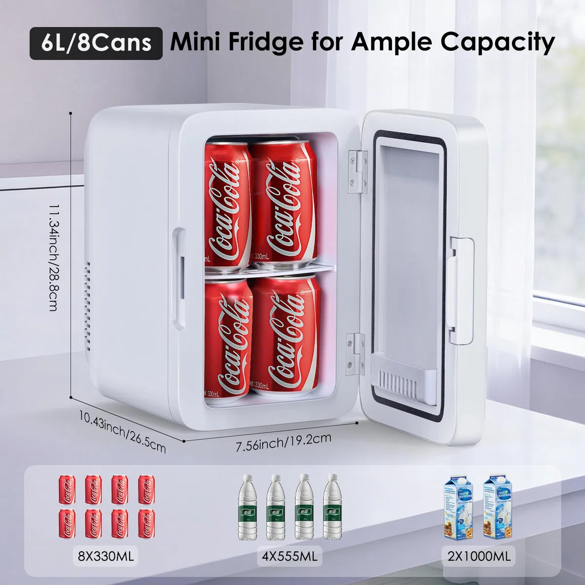 Mini Frigo da camera, 6L Frigorifero Piccolo per la cura della pelle, 2 in 1 Frigo Piccolo con Funzione di Raffreddamento e Riscaldamento, 12V DC/220V AC per Auto E Uffici, Modalità Eco & Max (Bianco)
