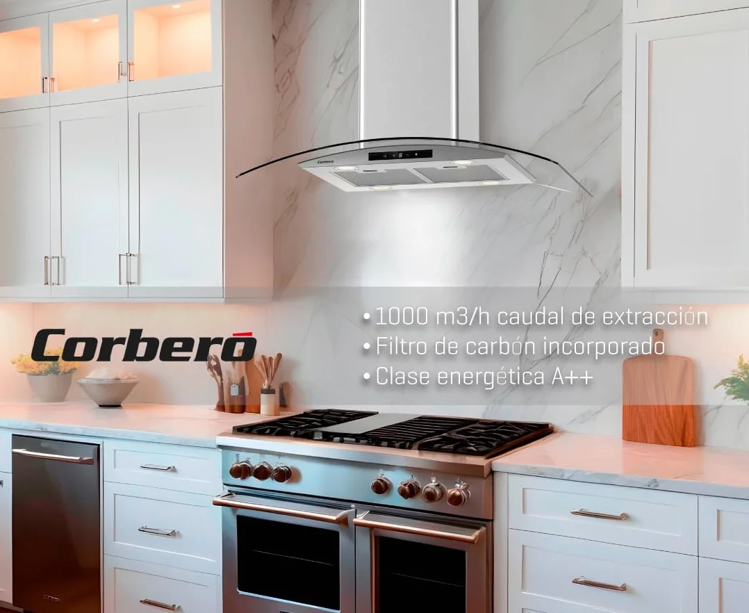 Cappa isola, 90 cm, portata 1000 m3/h, Inox, 3 velocità, filtro alluminio 3 strati, filtro carbone, efficienza energetica A++