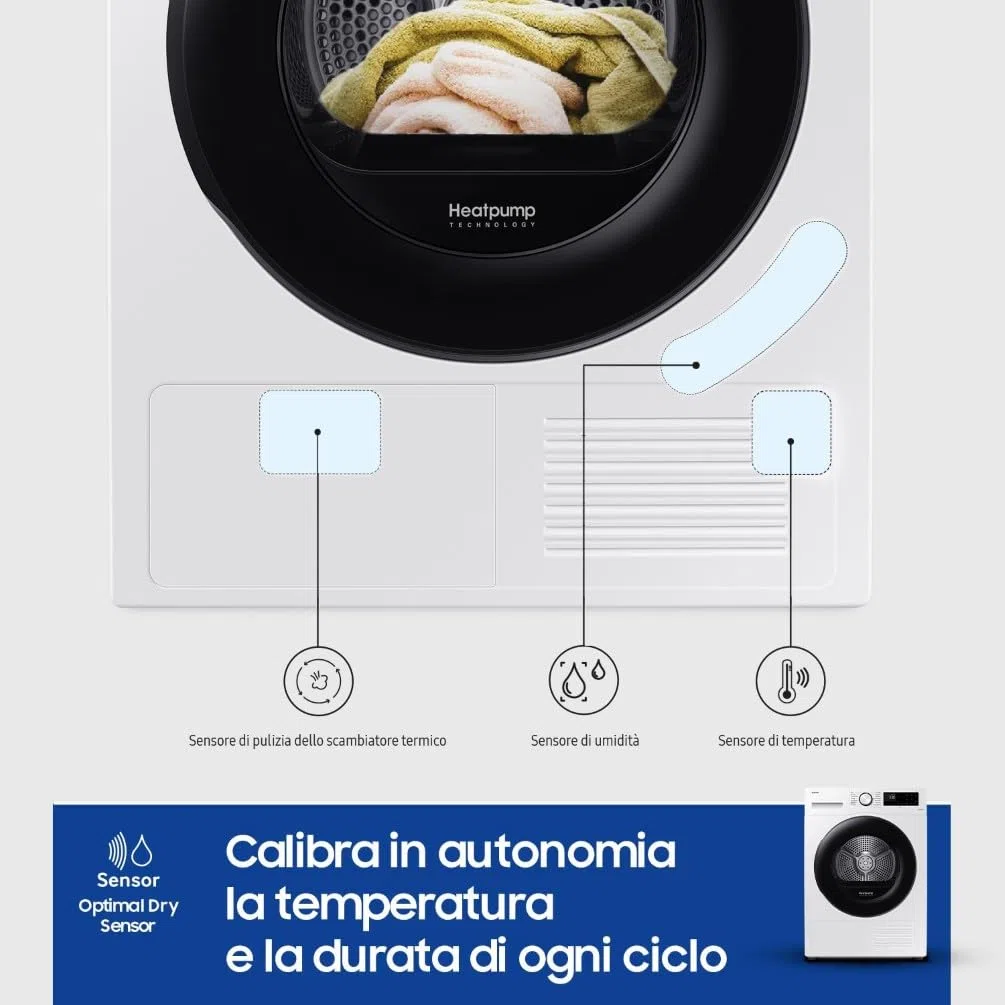 Samsung Asciugatrice Crystal EcoDry DV90CGC0A0AE/ET 9 Kg, Pompa di Calore, Wifi, Sensore Optimal Dry, Filtro 2 in 1, Carica Frontale, 60L x 80H x 65P cm