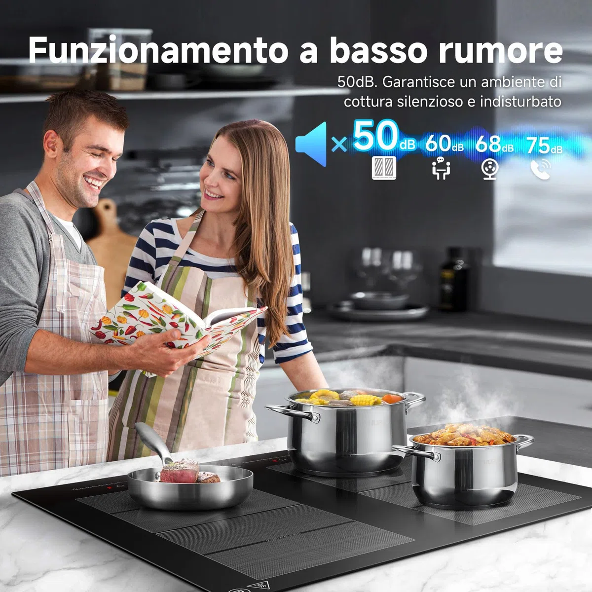 AMZCHEF Piano cottura a induzione 4 fuochi con 2 zone flessibili, con funzionamento silenzioso, 9 livelli di potenza e funzione booster - funzione BBQ, pausa e mantenimento in caldo, 60cm, 7400W