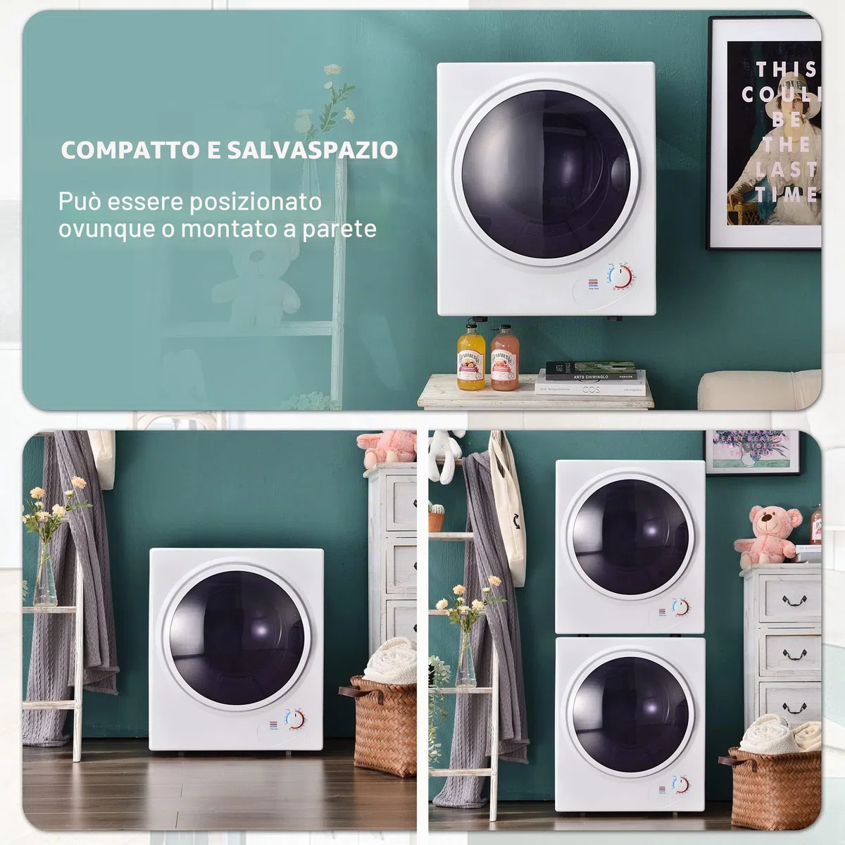 Merax Piccola asciugatrice con protezione da surriscaldamento, montaggio a parete con doppio filtro e timer, 2,5 kg, 850 W, bianco