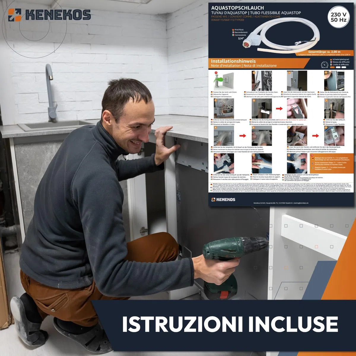 Kenekos - Tubo flessibile Aquastop da 1,68 m compatibile con lavastoviglie Bosch Siemens iQ300 iQ500 iQ700 SuperSilence, tipo BITRON tipo 88 3/4 pollici, sostituto di 00668113/668113