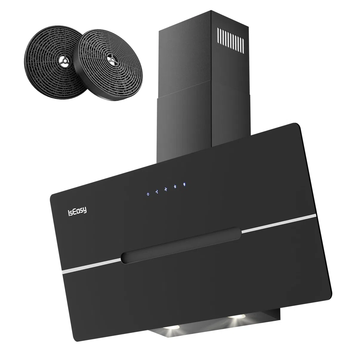 IsEasy Cappa Aspirante 90cm Inclinata, Cappa Cucina di Scarico/Ricircolo con 578 m³/h Forte Potenza di Aspirazione, 3 Livelli di Regolazione, 58 dB, Funzionamento Touch, Nero, Efficienza A++