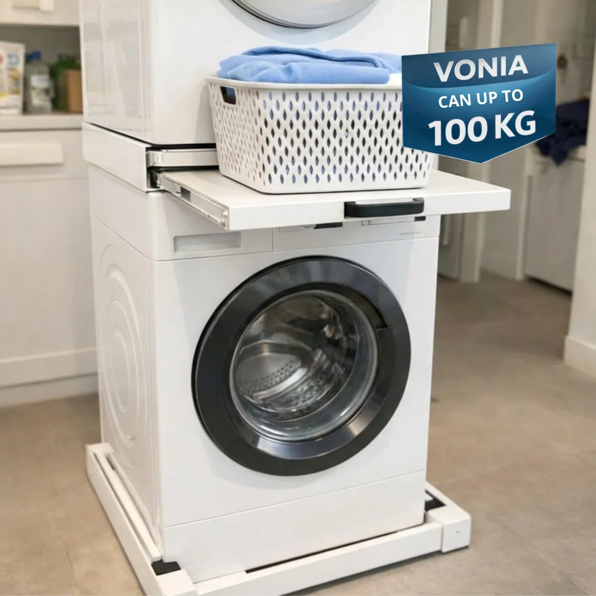 Vonia Lavatrice Asciugatrice Stack Kit - Piano di lavoro allungabile - Distanziatore per lavasciuga - Kit di impilamento per lavasciuga - Universale (Bianco)