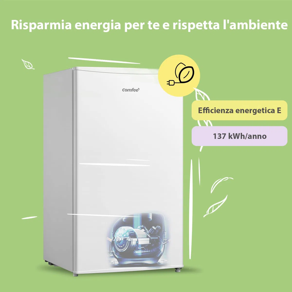 COMFEE' RCD115WH2 Frigorifero Piccolo con Freezer 80 Liter, Frigo Monoporta, Bassa Rumorosità 39db, Porta Reversibile, Compressore Inverter, Luce LED, Adatto per Casa, Ufficio, Camera, Bianco