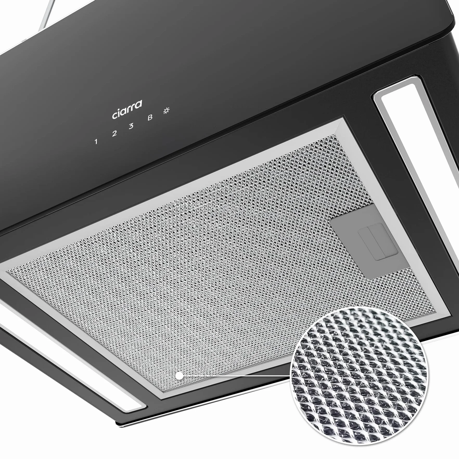 CIARRA CBCB4850 Classe A+++ Cappa a Isola 48 cm 700m³/h Smart WiFi Controllo App 4 Livelli Booster Cappa Aspirante Isola Nero on Filtro a Carbone CBCF003