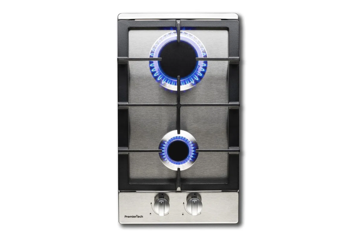 PremierTech Piano Cottura a Gas, 2 Fuochi, 30cm, Domino, Acciaio Inox, Supporto in Ghisa Professionale, predisposto Metano e kit ugelli GPL inclusi, da Incasso, PC2G30