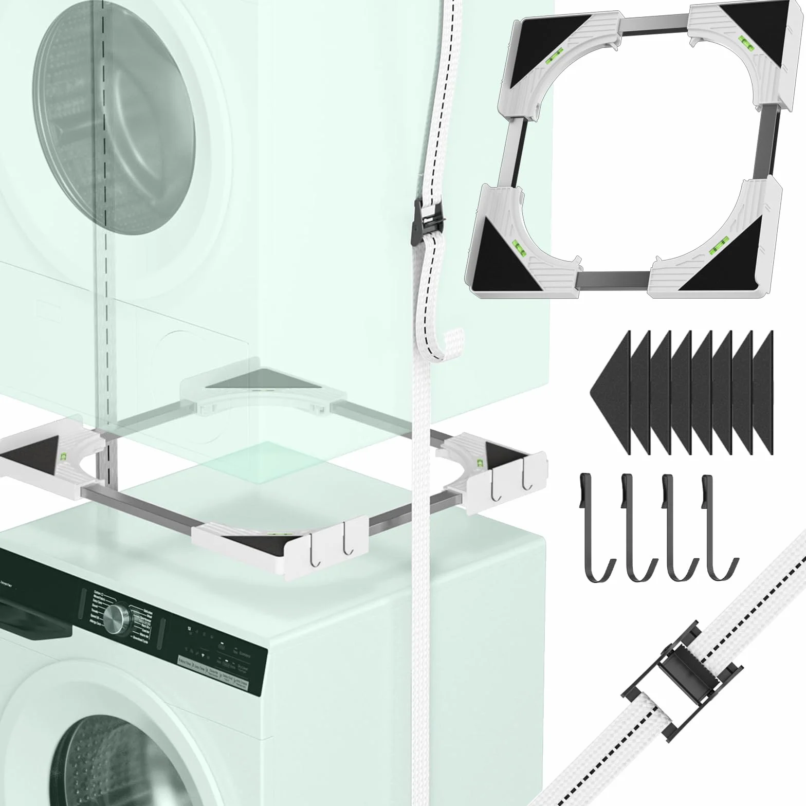Slimline - Kit impilabile per lavatrice e asciugatrice, telaio universale per elettrodomestici da 45-68 cm, design salvaspazio con cinghia a cricchetto e 4 ganci multifunzione (bianco)