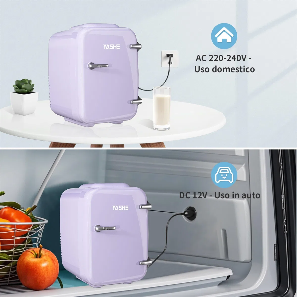 YASHE Mini frigo da camera, 4L frigorifero piccolo per la cura della pelle, 220V CA/12V CC, termoelettrico e scaldino per bevande, ufficio, dormitorio, auto, Viola