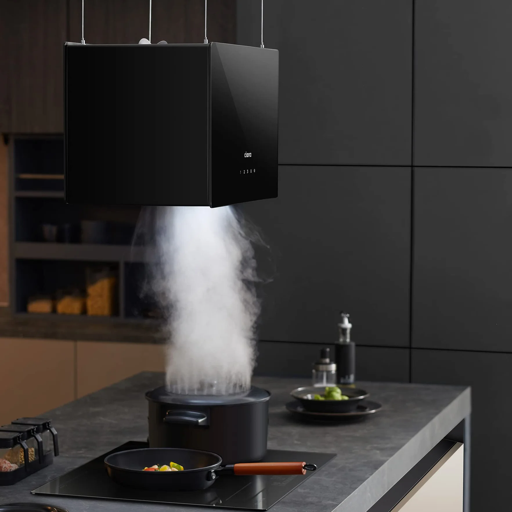 CIARRA CBCB4850 Classe A+++ Cappa a Isola 48 cm 700m³/h Smart WiFi Controllo App 4 Livelli Booster Cappa Aspirante Isola Nero on Filtro a Carbone CBCF003