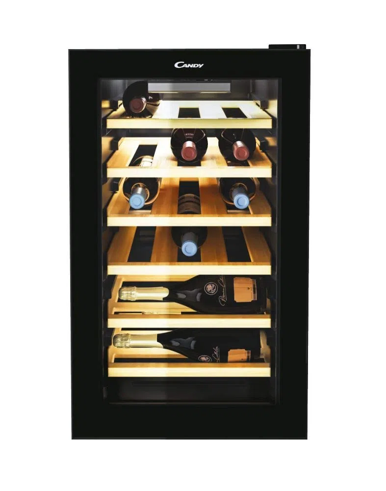 Candy DiVino CWC 021 ELSP/N Cantinetta Vino Refrigerata, 21 Bottiglie, App hOn con Tecnologia Vivino, Ripiani in Legno, Luce Led, Classe G, 40x55x70 cm, Nero