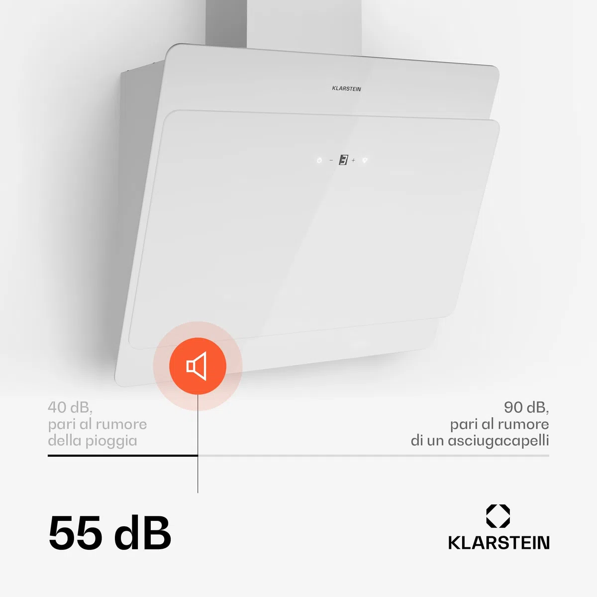 Klarstein Cappa Aspirante 60 cm, Cappa Cucina, Cappa Filtrante in Acciaio Inox, Scarico: 620m³/h, Illuminazione LED, Pannello Touch, Filtro Per Ricircolo, Safety Glass, Classe Energetica B, Bianco