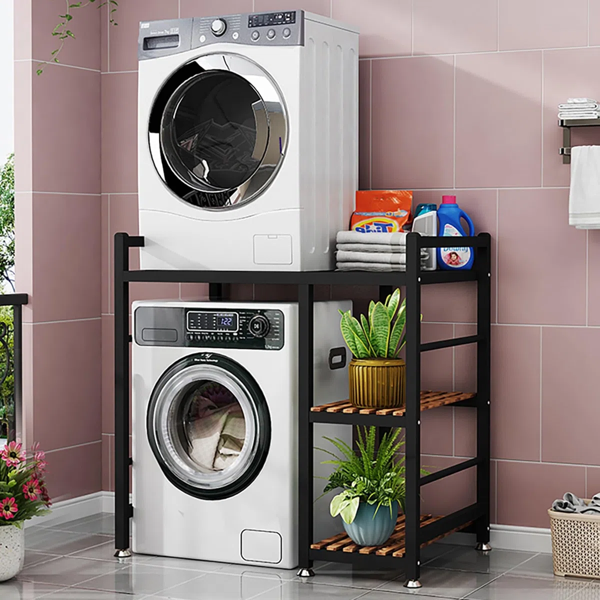 Lavatrice Scaffale A 3 Ripiani,Supporto Lavatrice Asciugatrice,Tamburo Lavastoviglie Ripiano Di Stoccaggio,Mobiletto Sopra Lavatrice,Supporto Asciugatrice Sopra Lavatrice,Per Bagno, Lavanderia(Black-A