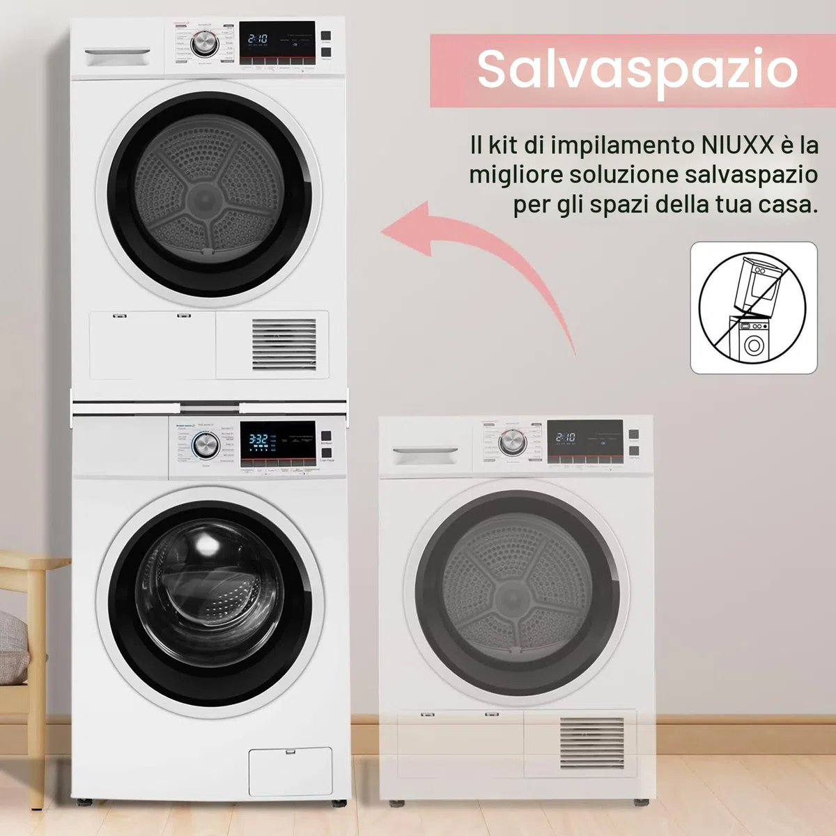 NIUXX Kit di Accatastamento per Lavatrici, Universale con Cinghie Cricchetto, Telaio Intermedio per 46-66 cm