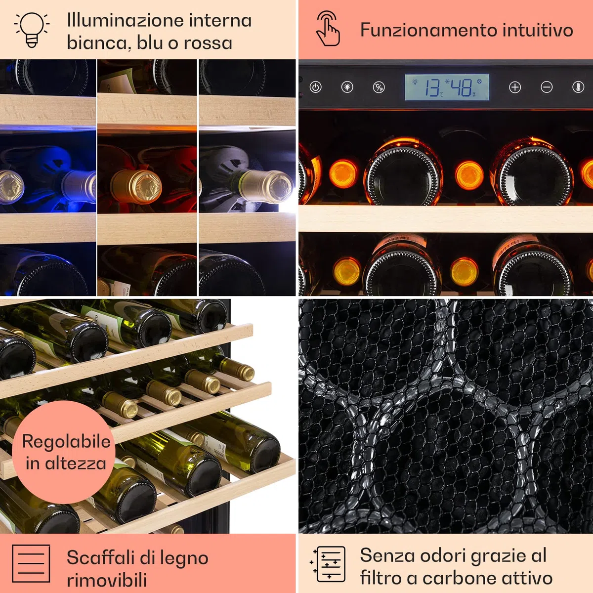 Klarstein Cantinetta Vino Design da Incasso, Cantinetta Vino Refrigerata a Zona Singola per Vino Rosso, Bianco e Birra, Controlli Touch, Frigo Vino Cantinetta per Esterno/Interno, 433L, 165 Bottiglie