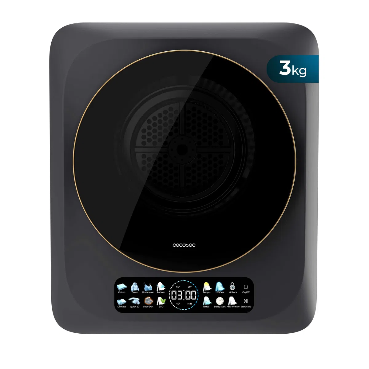 Cecotec Mini Asciugatrice Portatile 3 Kg Bolero DressCode Dry 3400V Dark. di Scarico, 8 programmi, G, Asciugatura Automatica, Schermo FullColor, Funzione UV Care, Dry Shoe Pro, Avvio Ritardato, Dark