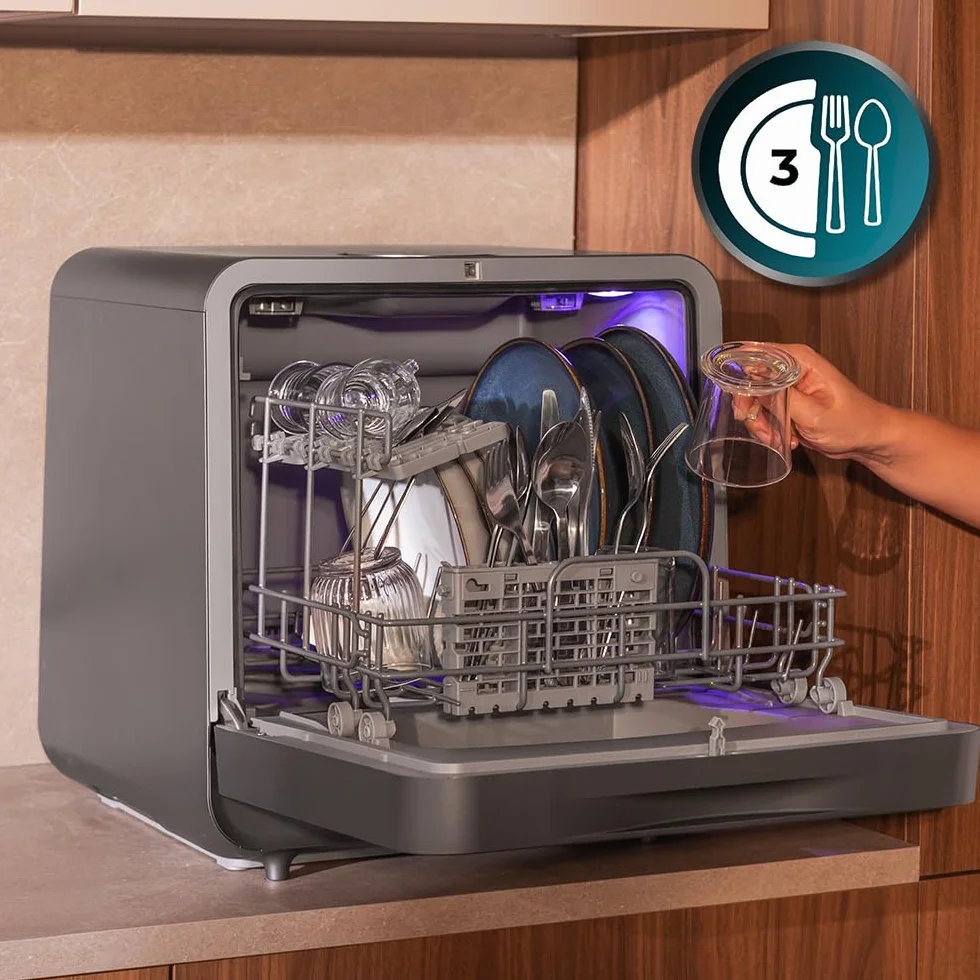 Cecotec Lavastoviglie Compatto Libero Installazione Desktop Bolero Forero 1150 Dark, 3 Posate, Basso consumo, 6 programmi, Touch Control Panel, Funzioni come Long Storage e Delay Start, Dark Inox