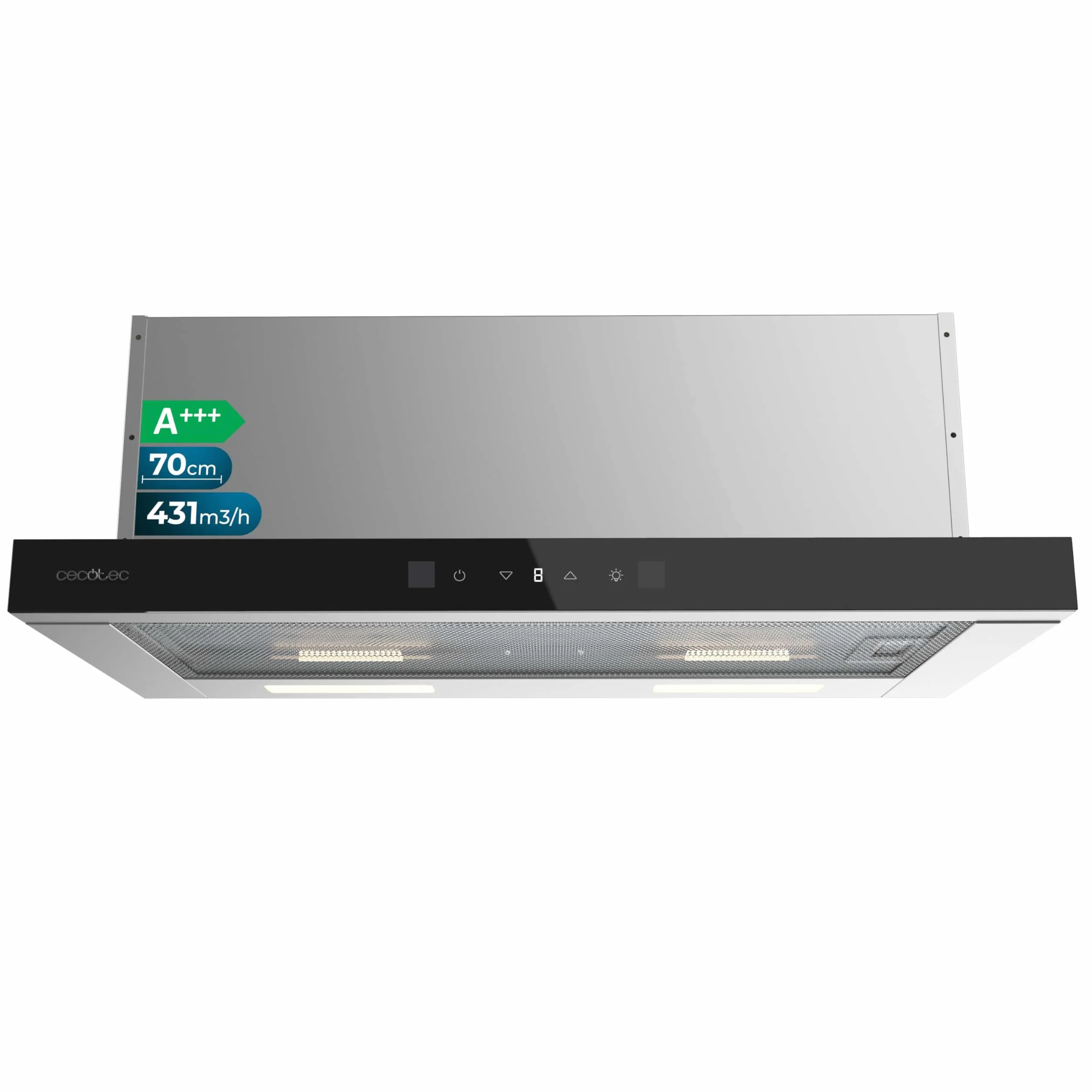 Cecotec Cappa Aspirante 70cm Telescopica Bolero Flux TLT 704400 Glass Black A+++. Aspirazione 431,2m³/h, Basso Consumo, Motore DC, Controllo Movimento e Touch, Vetro Frontale Nero, Corpo Acciaio Inox
