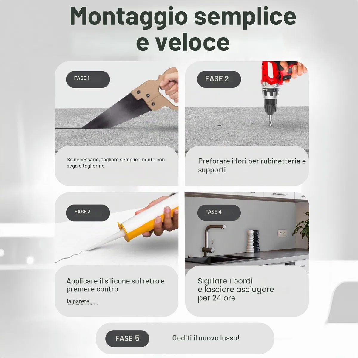 WALLando Pannello posteriore della cucina di alta qualità, dimensioni personalizzate – Rivestimento da parete in PVC facile da montare per la cucina – Paraspruzzi resistente al calore in pannelli di