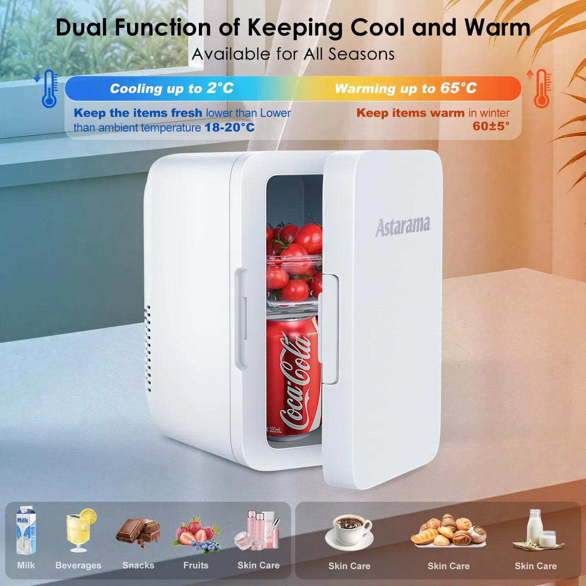Mini Frigo da camera, 6L Frigorifero Piccolo per la cura della pelle, 2 in 1 Frigo Piccolo con Funzione di Raffreddamento e Riscaldamento, 12V DC/220V AC per Auto E Uffici, Modalità Eco & Max (Bianco)