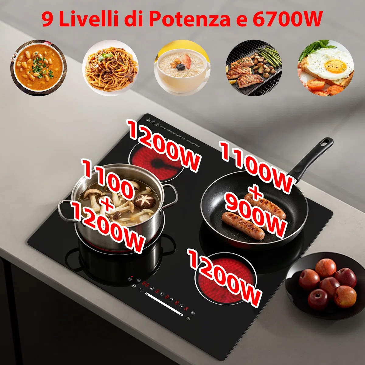 Piano Cottura in Vetroceramica 60 cm, 4 Zone, 6700W, Comandi Touch, Timer, Blocco Bambini, Superficie in Vetro Nero, Compatibile con Tutte le Pentole, Collegamento Fisso