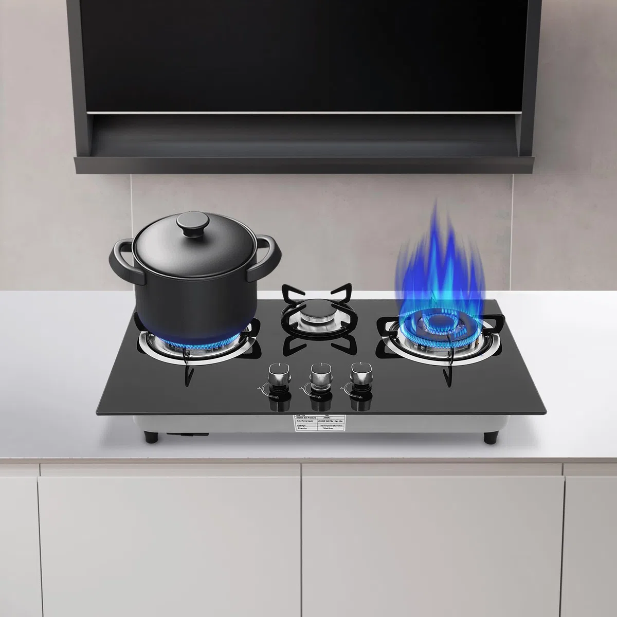 Piano cottura a gas in vetro a 3 fuochi, a gas naturale, per interni, 8350 W, (3300 W+1750 W+3300 W), 3 piani cottura per gas liquefatto e gas naturale, adatto per tutte le pentole