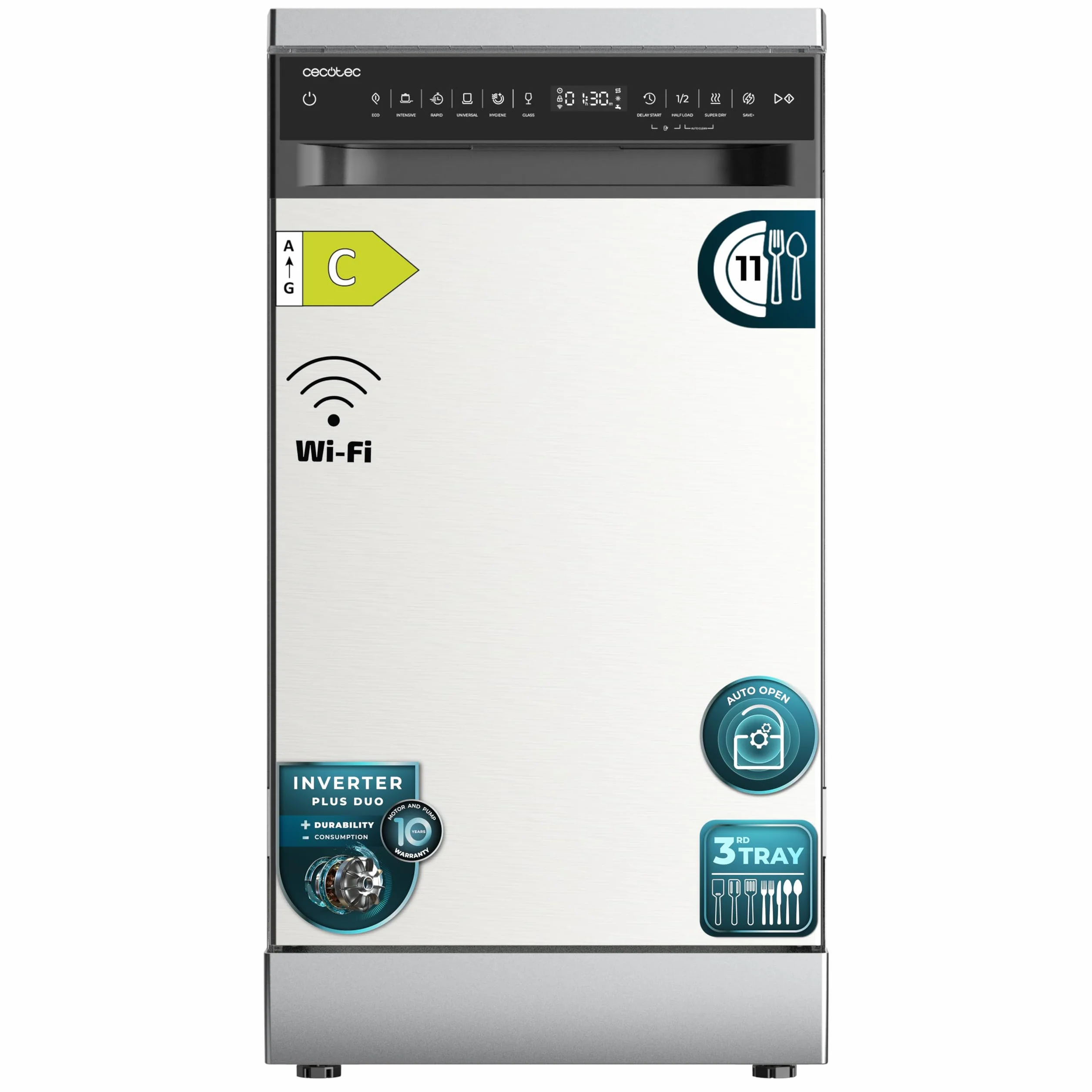 Cecotec Lavastoviglie Libera Installazione 45cm Bolero Aguazero 4560 Inox Connected. 11 Coperti, 6 Programmi, Classe C, Inverter Plus Duo, Pannello Touch,WiFi, O2Dry, Super Dry, Save+, AutoClean, Inox