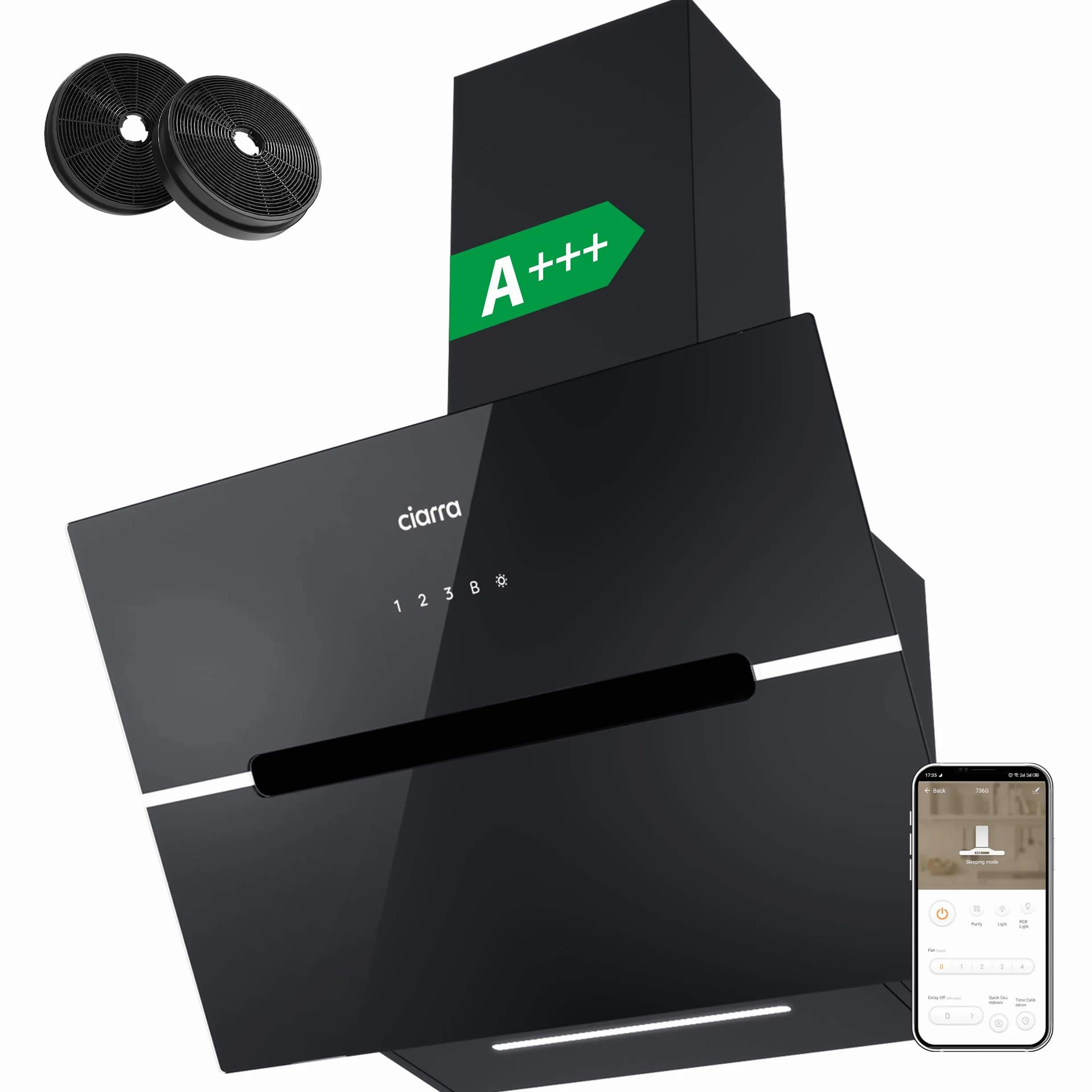 CIARRA CBCB6736F Cappa Aspirante Decorativa 60 cm, Classe A+++ Inclinata, 650m³/h Controllo touch 4 livelli con Filtro Carbone CBCF003 Riciclaggio Evacuazione Cappa Decorativa Nero