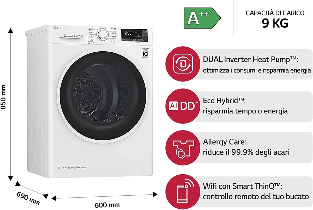 LG RH90V5AV6N Asciugatrice Smart a Carica Frontale 9 Kg, Libera Installazione, Classe D, Intelligenza Artificiale, 60 x 69 x 85 cm - Bianco
