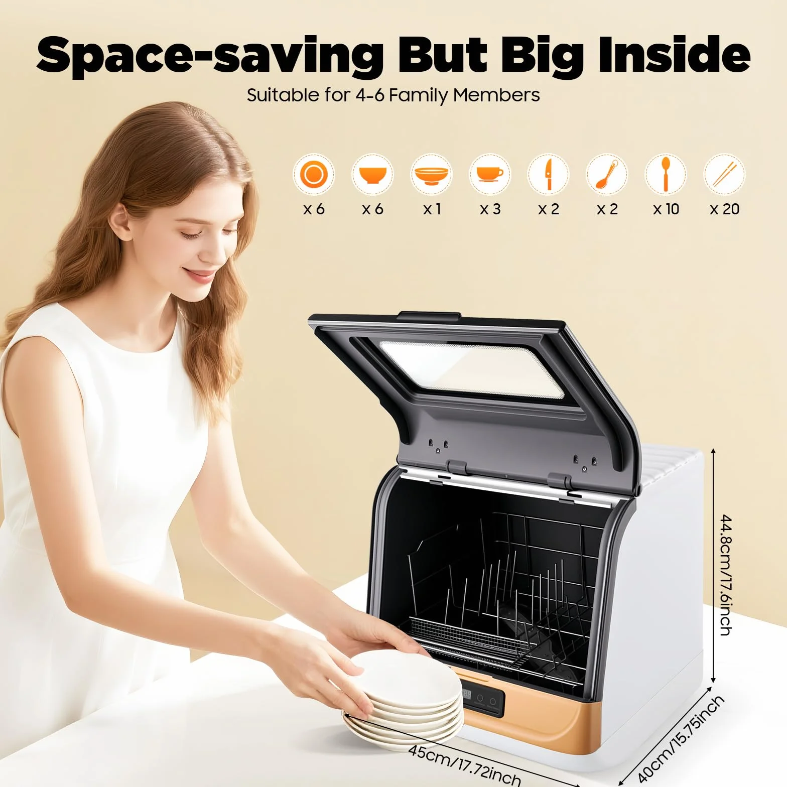 3 modalità di pulizia Lavastoviglie portatile, 800 W, 220 V, mini lavastoviglie da tavolo, per 4 – 6 set di posate, 45 x 40 x 44,8 cm (oro)