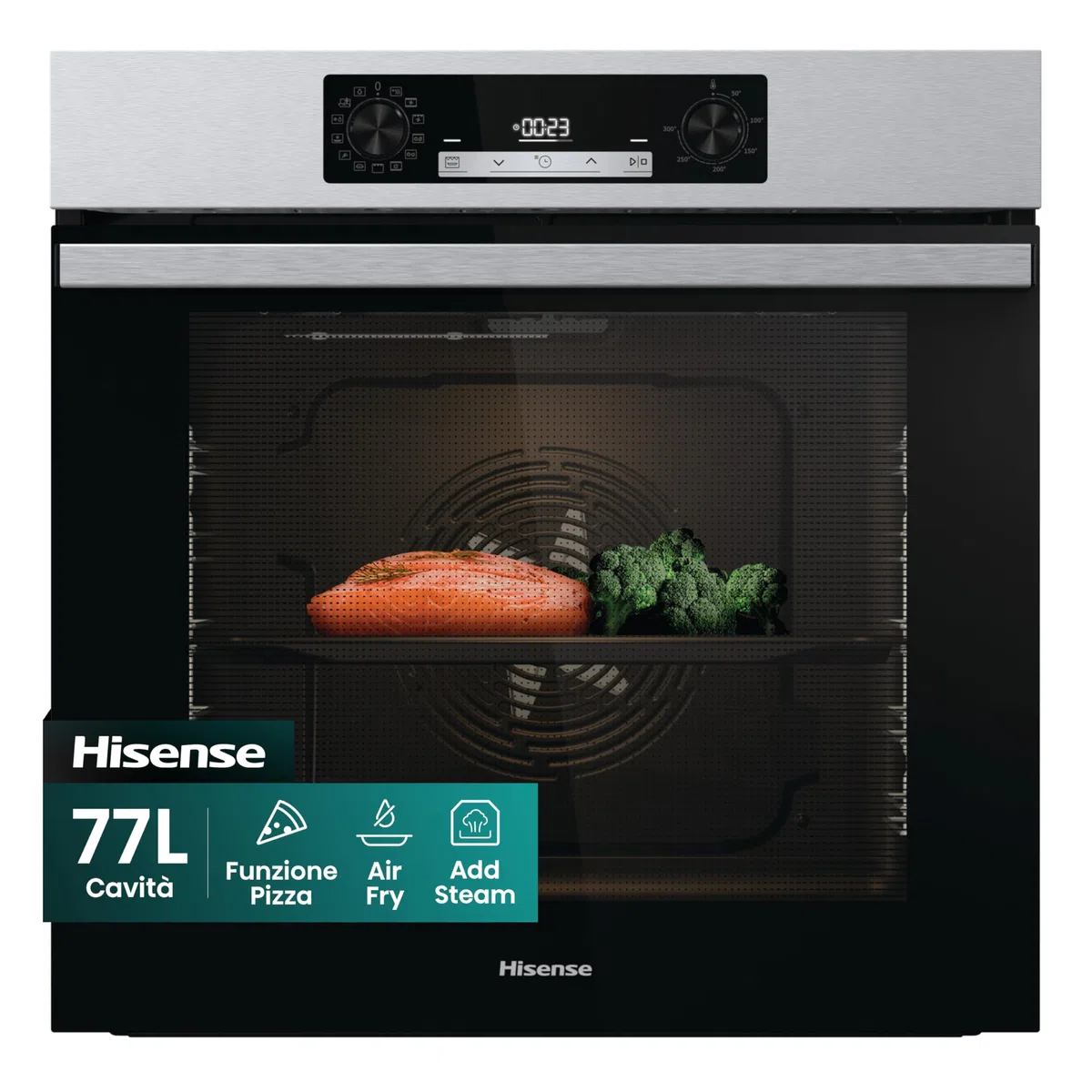 Hisense O65226AXS Forno Elettrico da Incasso Multifunzione con Vapore, Cavità 77 litri, 11 Funzioni di Cottura, Pizza 300°C, AirFry, Steam Clean, Preriscaldamento Rapido, Classe A, Inox Anti-impronta