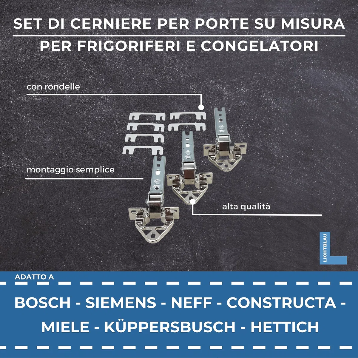 Lichtblau Set cerniere sportello frigo 3 pz. 268698, 00268698, 268699, 00268699 per Bosch, Siemens I Set cerniere sopra e sotto per sportello frigo