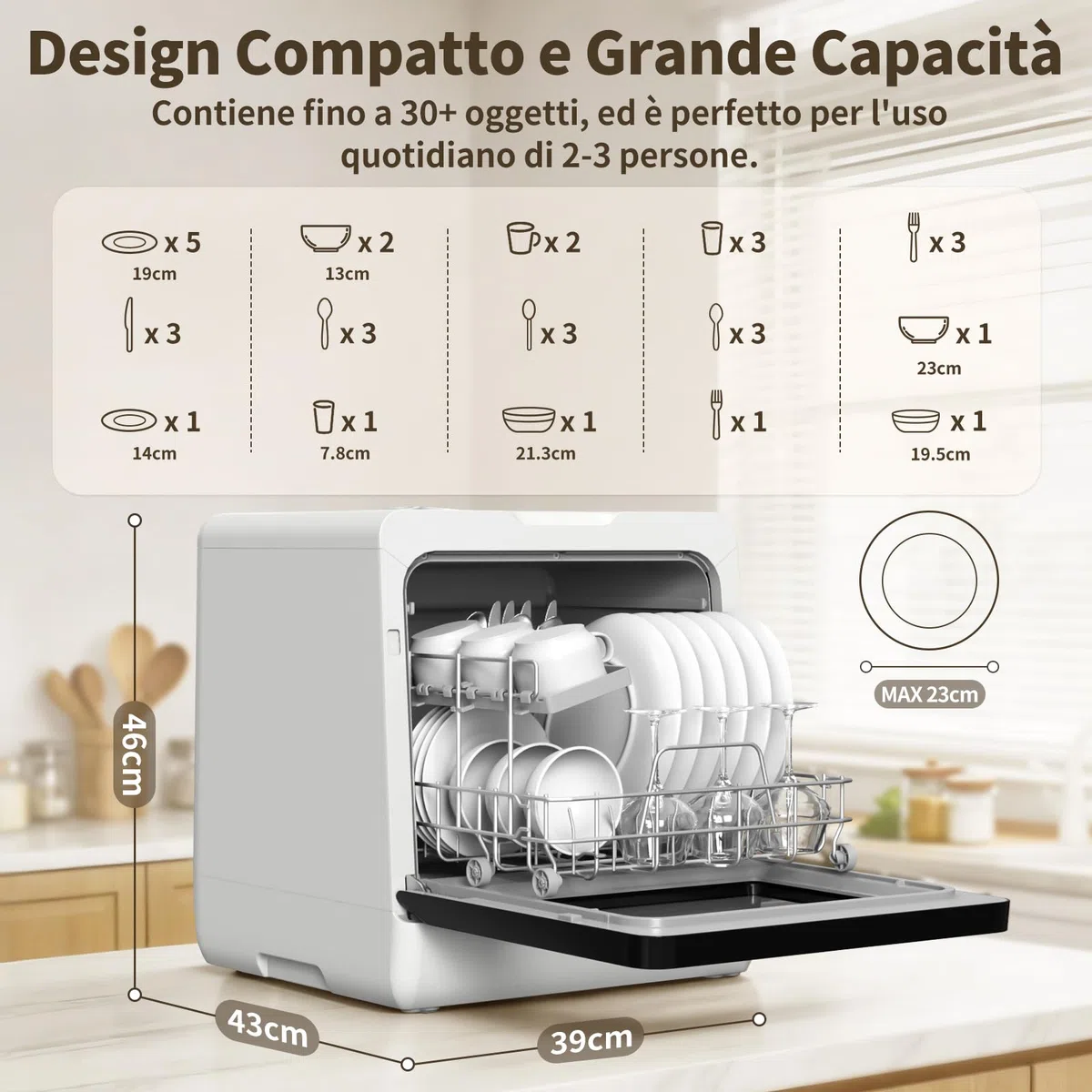 Mini Lavastoviglie da Tavolo, con Funzione di Addolcimento Dell'acqua, Lavastoviglie portatile da 5L, 7+3 Programmi, Touch Control e Display LED, Ideale per Cucine, Apt e Dormitori