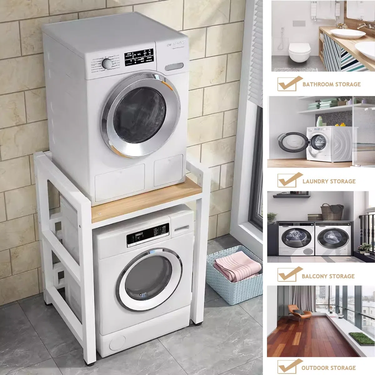 Supporto Asciugatrice Sopra Lavatrice Regolabile in Altezza per | Asciugatrice Regolabile Asciugatrice a Colonna Bagno Cucina Balcone Noce, Cornice Nera