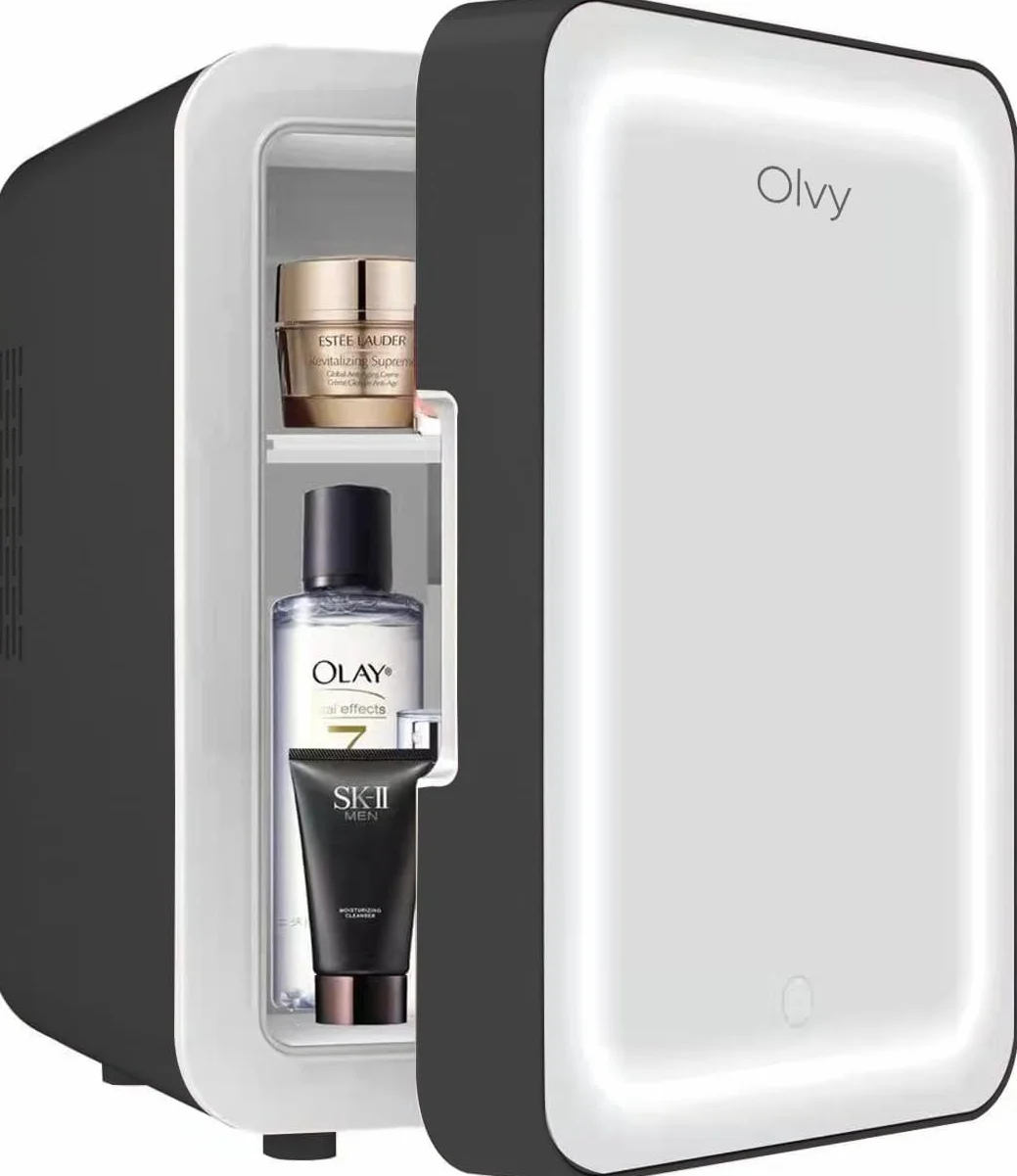 Olvy Frigorifero Cosmetico da 4 Litri, Mini Frigo Portatile con Specchio a LED, Piccolo Frigorifero per Skincare, Raffreddamento e Riscaldamento, per la Camera da Letto, Nero