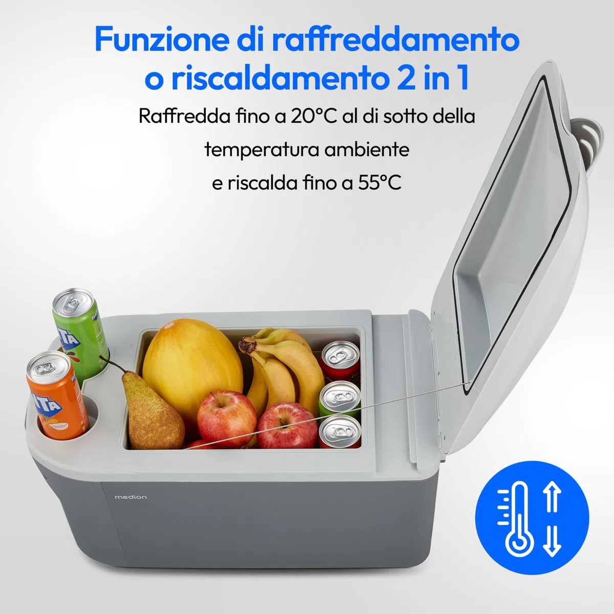 MEDION Frigorifero portatile con funzione di riscaldamento (elettrico, 2 in 1 raffreddamento e riscaldamento, 16 litri, tracolla, collegamento 2 in 1 230 V e adattatore per auto 12 V, per auto, camion
