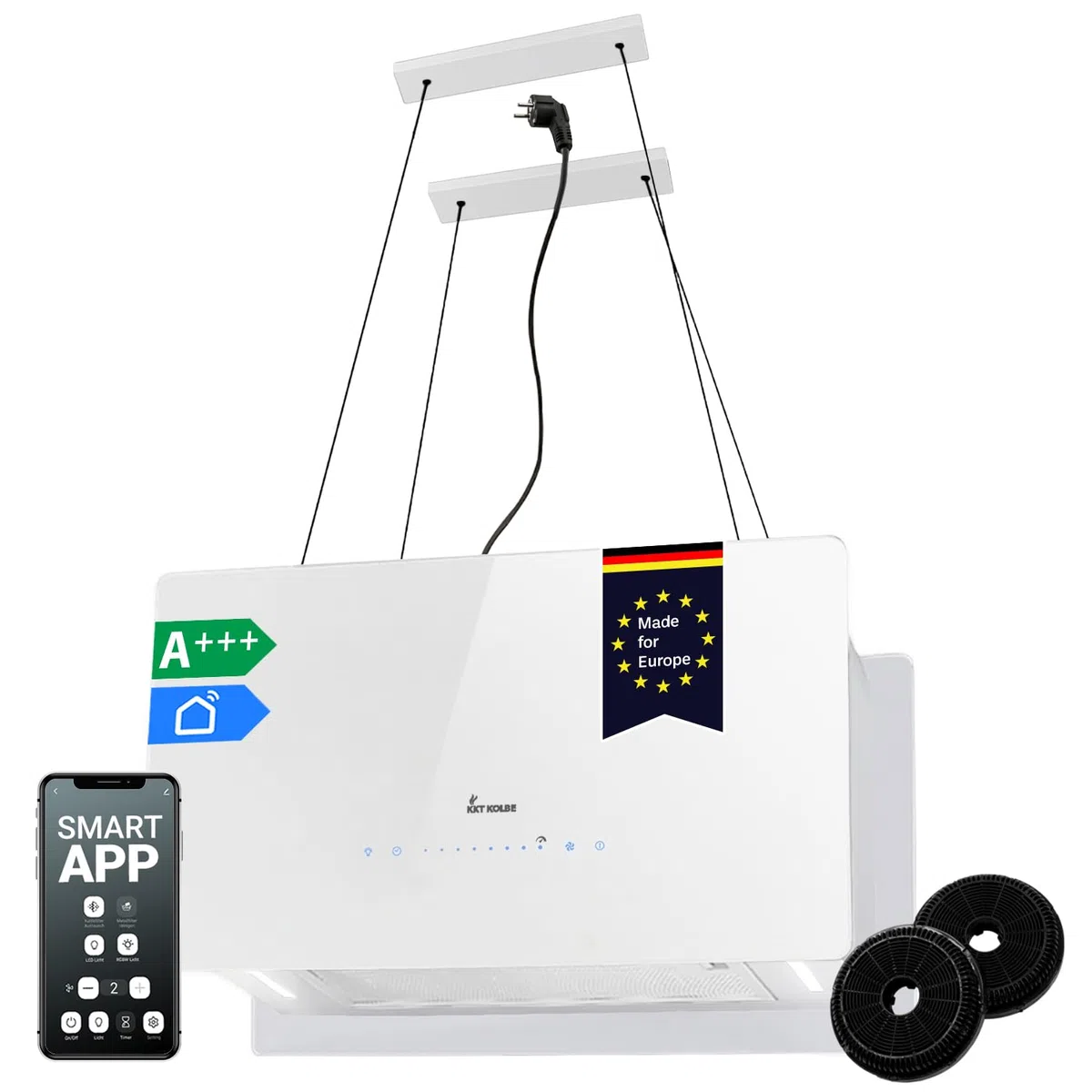 KKT KOLBE A+++ CUBE60FW - Cappa aspirante 60 cm, 764 cbm/h, 9 livelli | Smart WiFi App WiFi | Cappa a isola sospesa | Montaggio a soffitto | Bianco | Vetro | Illuminazione a LED | Ricarica automatica