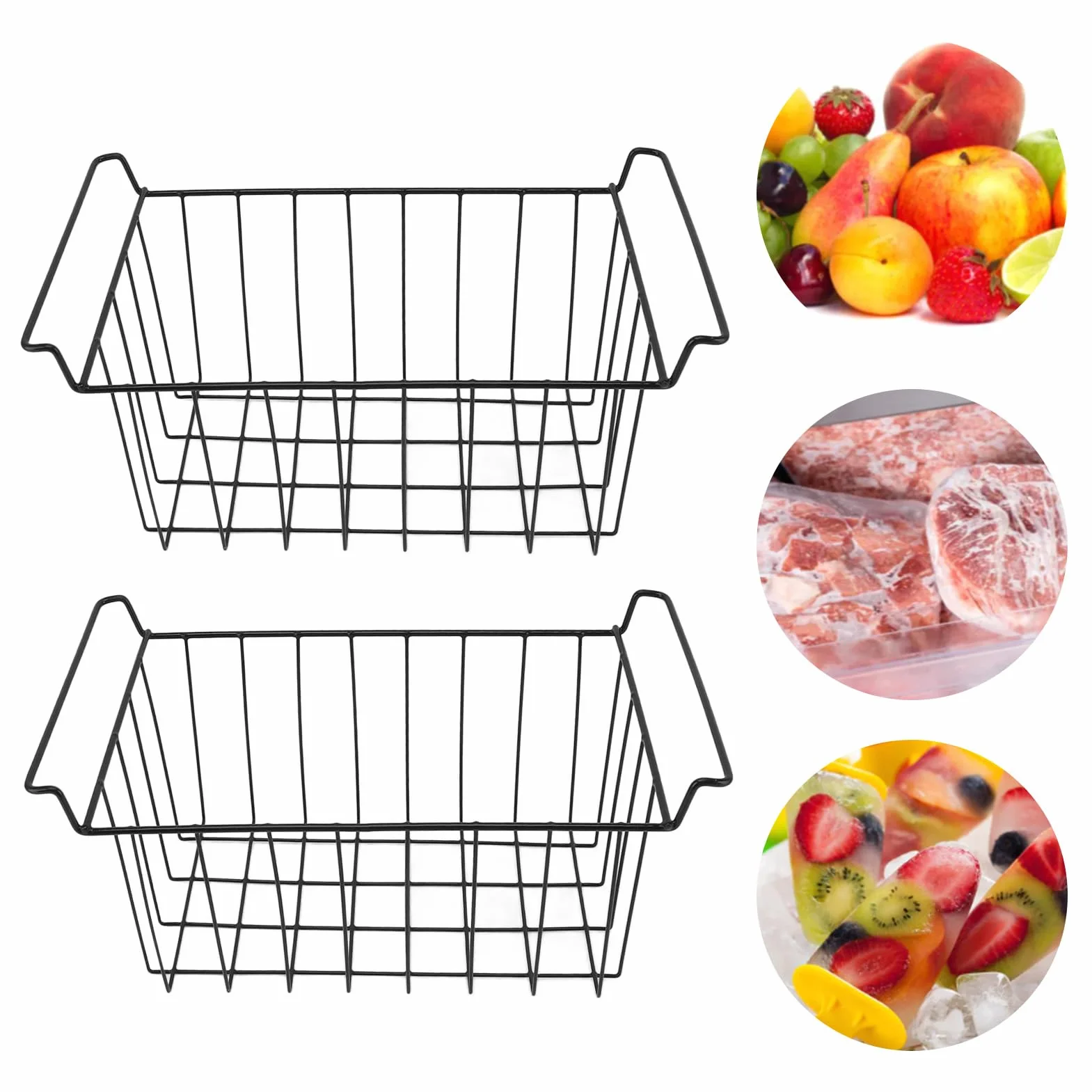 Cestino portaoggetti in filo metallico per congelatore da 2 pezzi, rivestito in PE, contenitore organizer nero per ripiani del frigorifero (-3113230263713)