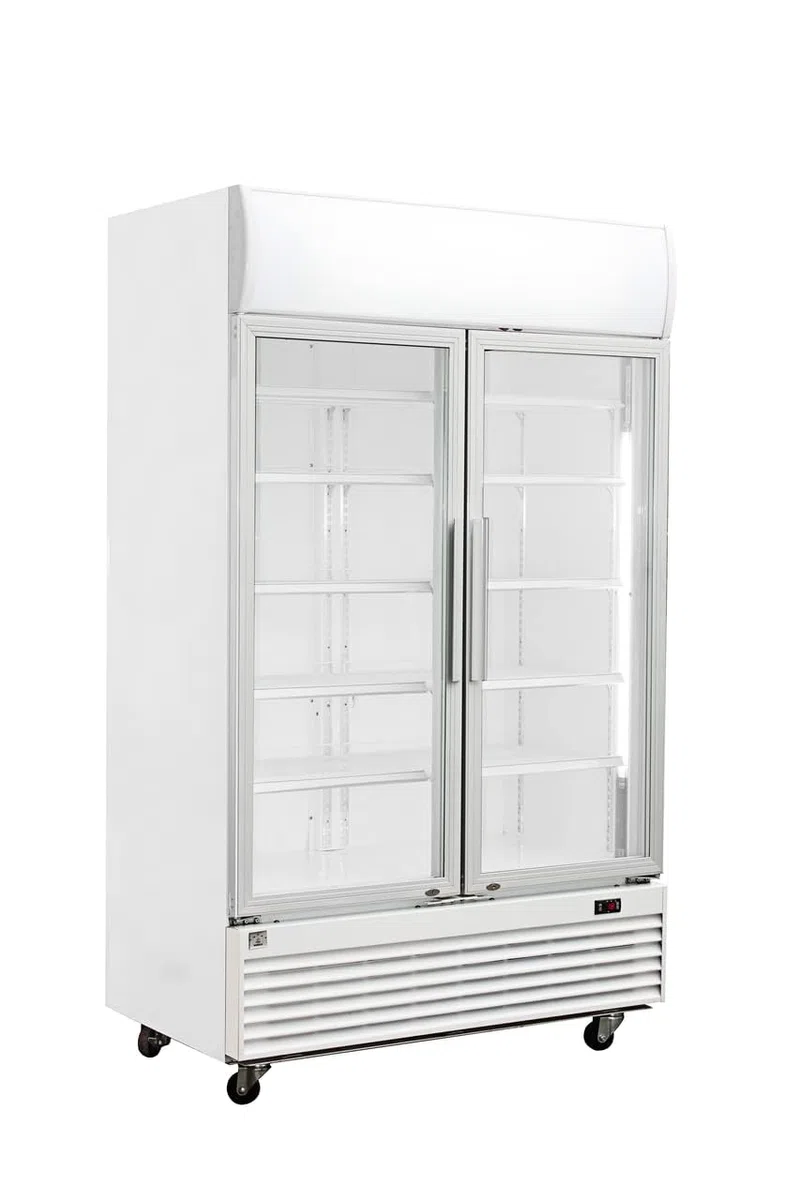 METRO Professional Frigorifero con 2 porte in vetro GSC2100, 930 L, bianco, 3.1 kWh/24 h, 220-240 V, con illuminazione LED e 10 ripiani regolabili, ideale per attività gastronomiche, bar e negozi.