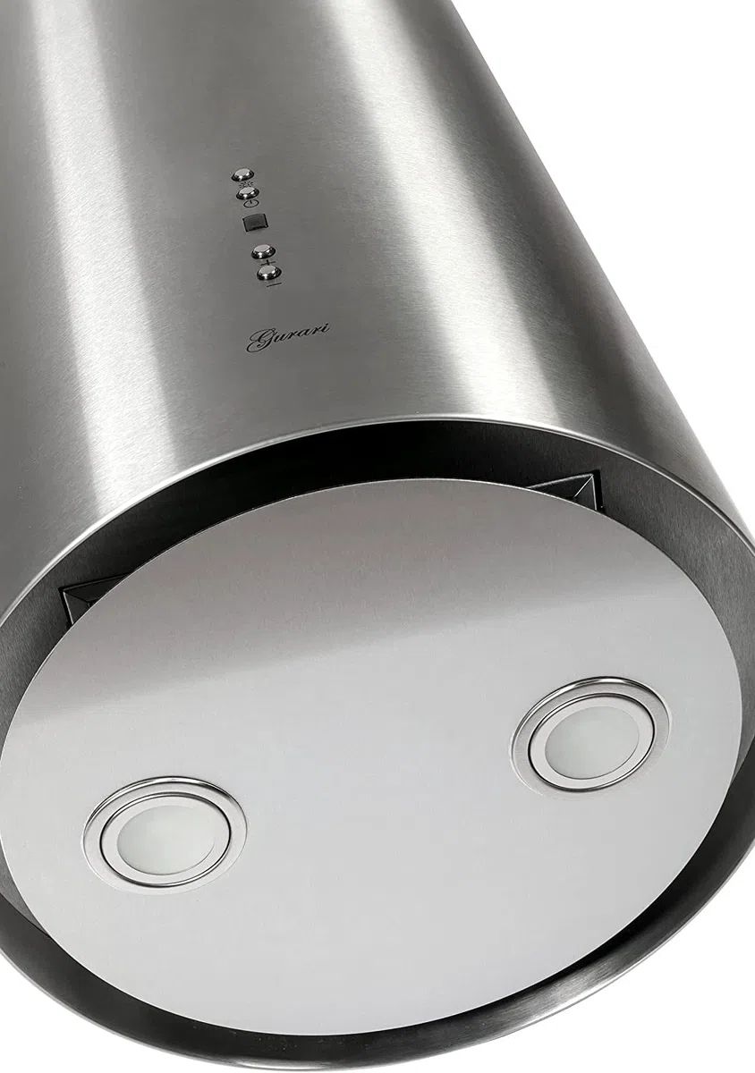 GURARI Cappa isola 385 36 IS Pr, cappa rotonda 36 cm, acciaio inossidabile, cappa a a soffitto, 1000 m³/h, base in vetro bianco, 4 livelli, display LED, estrazione del bordo