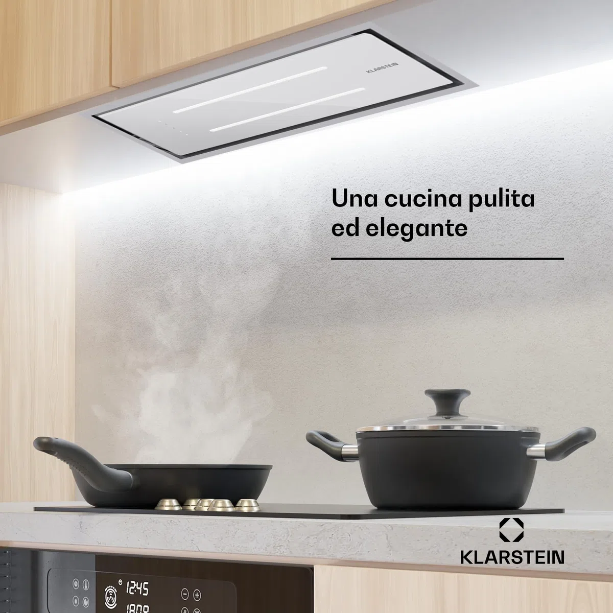 Klarstein - Cappa aspirante con filtro d’alluminio lavabile in lavastoviglie, silenziosa a scarico, 410 m³/ora di flusso d’aria, efficienti cappe a parete con LED & controlli touch