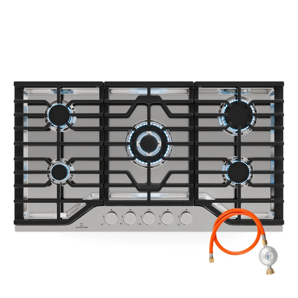 Klarstein Turbocast - Piano Cottura a Gas, 5 Bruciatori, Acciaio Inox 304, Wok: 3,4 kW, GPL, Accensione Elettrica, Supporti in Ghisa, Kit di Conversione Incluso, 910x85x510 mm