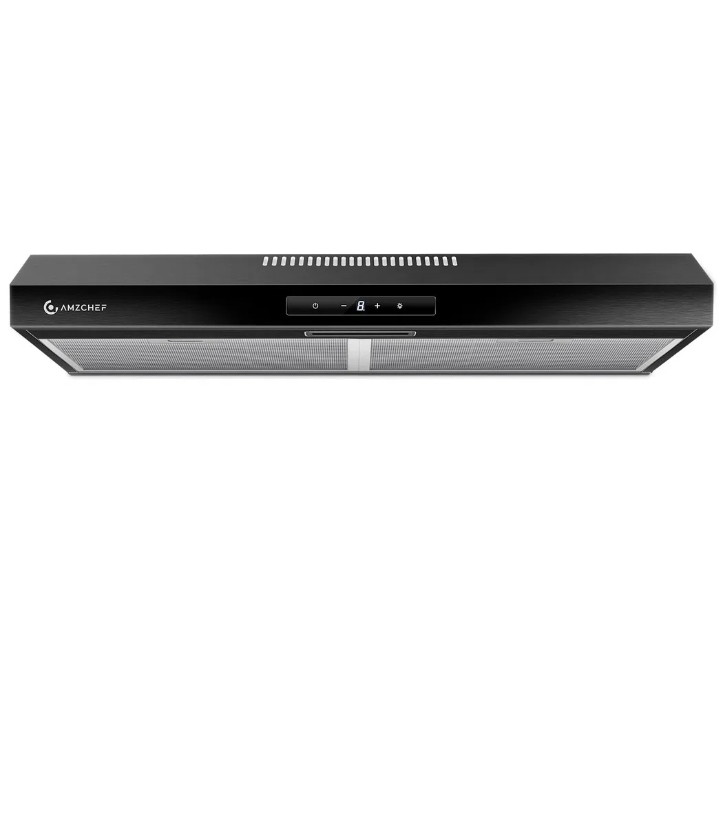 AMZCHEF Cappa Aspirante 202m³/h Cappa Cucina 60 cm Sottopensile con Design Sottile, Doppie Bocchette di Scarico, Filtro a Carbone, Controllo Touch, Ventola di Scarico a 3 Velocità, 2 luci LED,nero