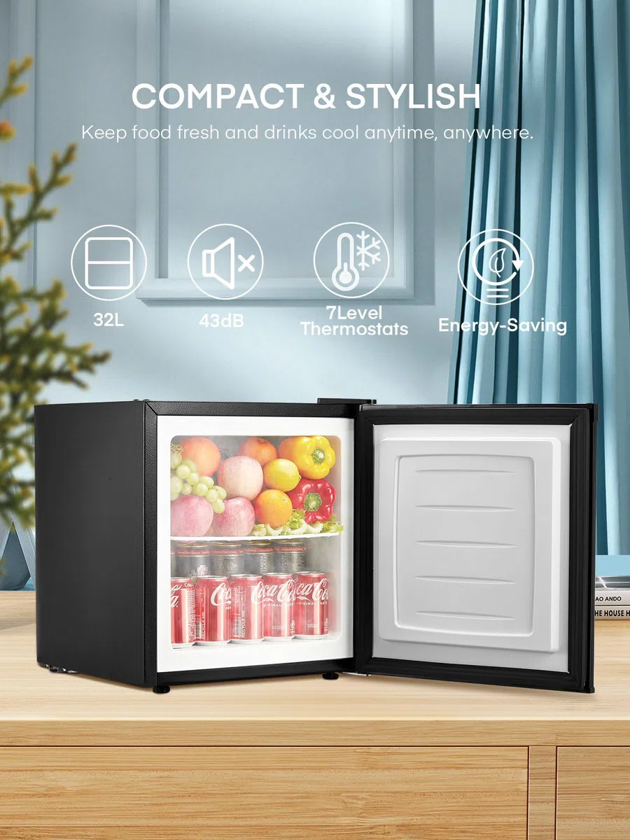 FOHERE 32L Mini Congelatore, Congelatore Piccolo con Porta Reversibile,Silenzioso, 7 Termostato Regolabile, per Hotel/Dormitorio/Appartamento/Ufficio, Nero