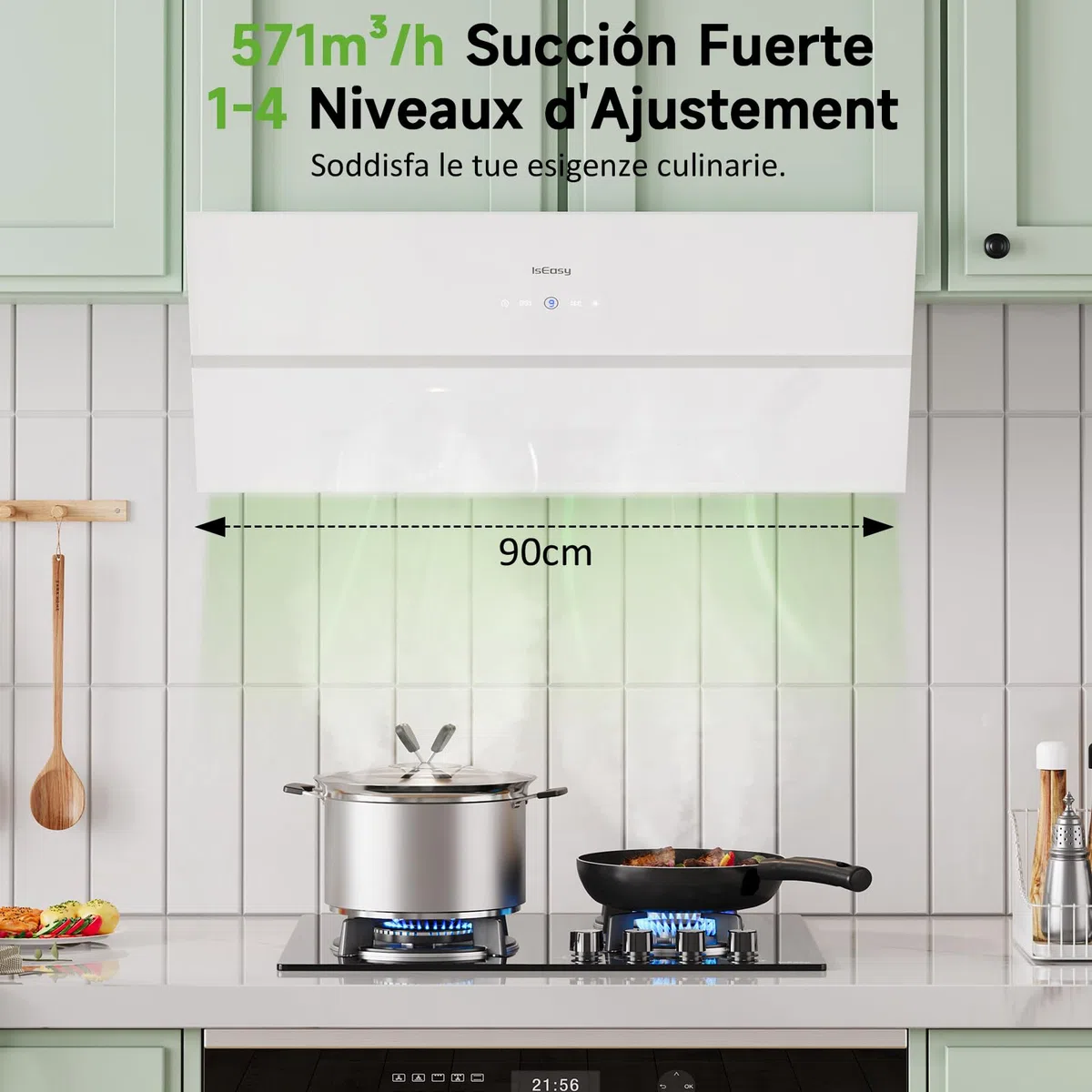 IsEasy Cappa Cucina, Cappa Aspirante 90 cm, 571 m³/h Forte Aspirazione, 4 Livelli di Regolazione, Ritenitore di Pannello, 1-9 Min Spegnimento Ritardato, Funzione di Memoria, 61 dB, Bianco, A++