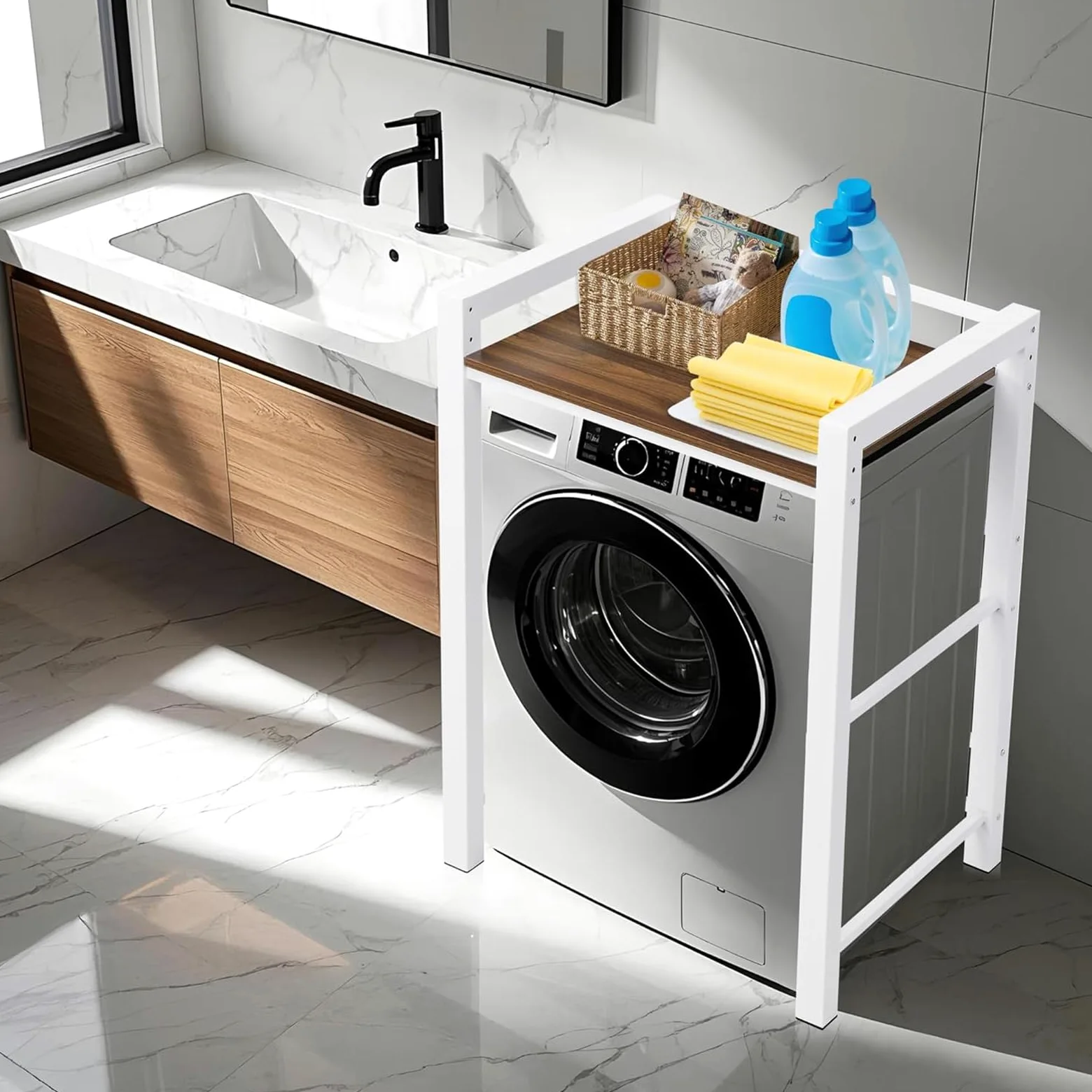 Scaffale per Incolonnamento Lavatrice e Asciugatrice, 3 Regolabili in Altezza,Base per lavatrice, Scaffale Sopra la lavatrice, Capacità di Carico 350 kg, Per Bagno (bianco, 75 x 65 x 105 cm)