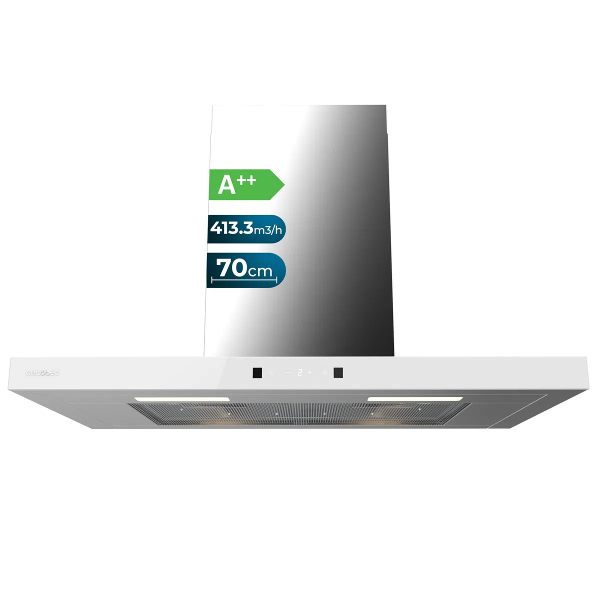 Cecotec Cappa Aspirante a T Bolero Flux TT 704400 Inox A++, 70cm, 413,3m³/h Aspirazione, Classe A++, Controllo Touch Invisibile, Hand Movement Control, Funzione Booster, Filtri Lavabili