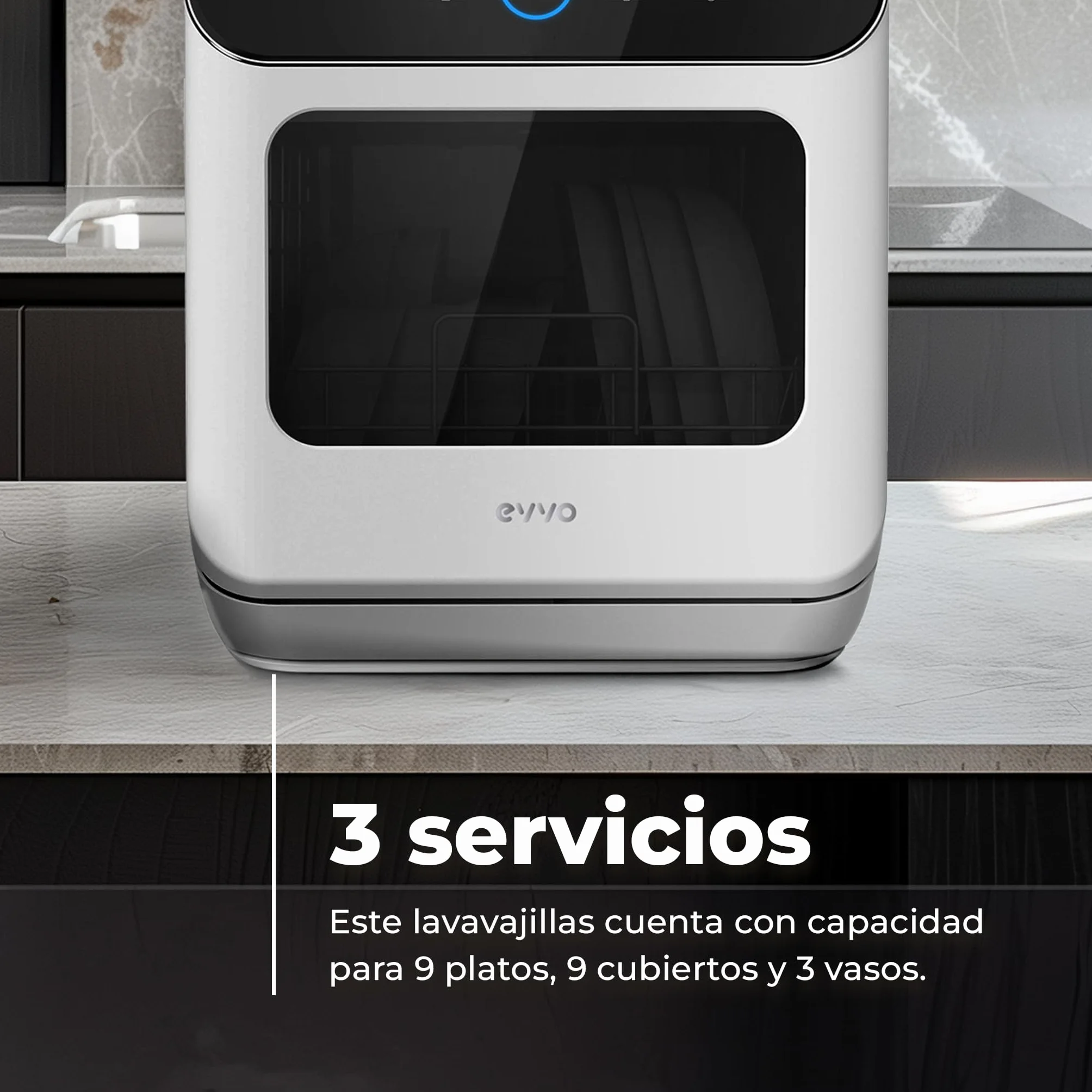 EVVO Lavastoviglie di piccole dimensioni compatte e senza installazione, da tavolo o da lavoro, 2 servizi, 6 pogrammi, asciugatura extra, programma ECO, programma auto-lavaggio, programmabile, mini D